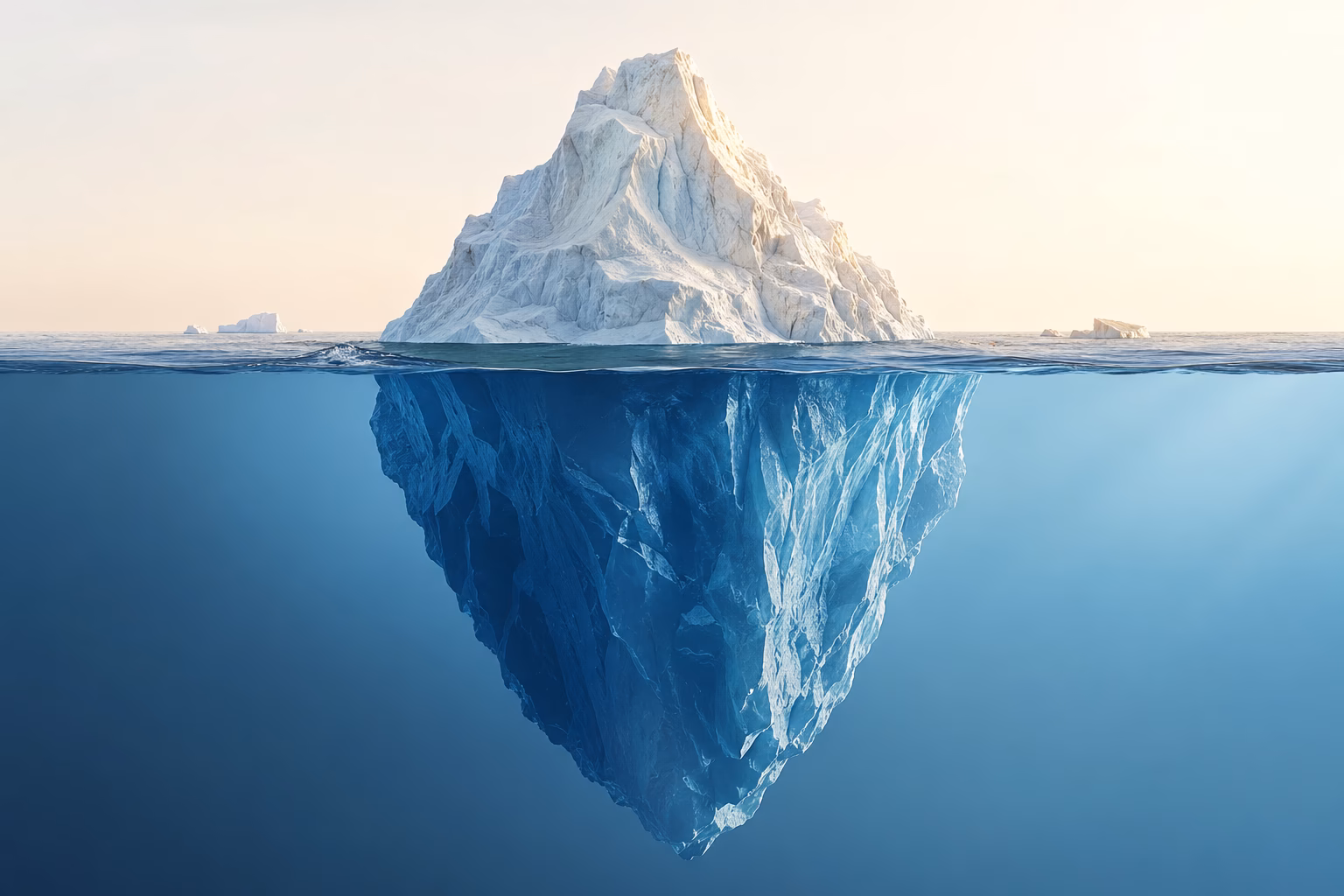 Gigantischer Eisberg ober- und unterwasser, Metapher für verborgenes Potenzial und unsichtbare Qualitätsstandards