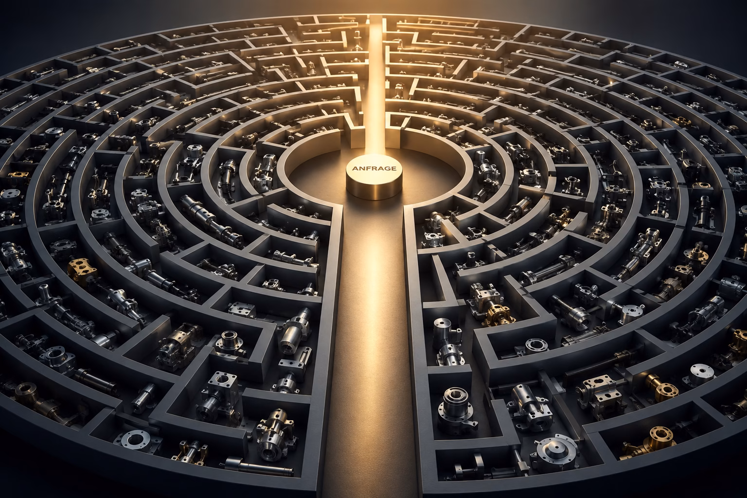 Webentwicklung Agentur Berlin für B2B 11 Kreisrundes Labyrinth gefüllt mit Maschinenbau-Komponenten (Lager, Getriebe, Gehäuse) und goldenem ANFRAGE-Kern in der Mitte – Metapher für den direkten Weg zur Lösung