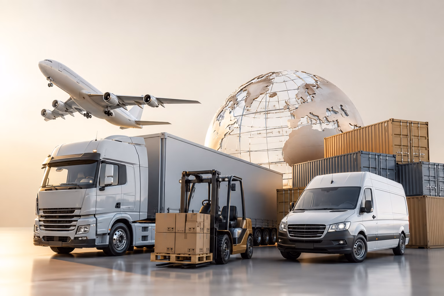 Multimodale Logistik-Szene mit LKW, Lieferwagen, Gabelstapler, Seecontainern, Frachtflugzeug und Globus vor warmem Sonnenaufgang