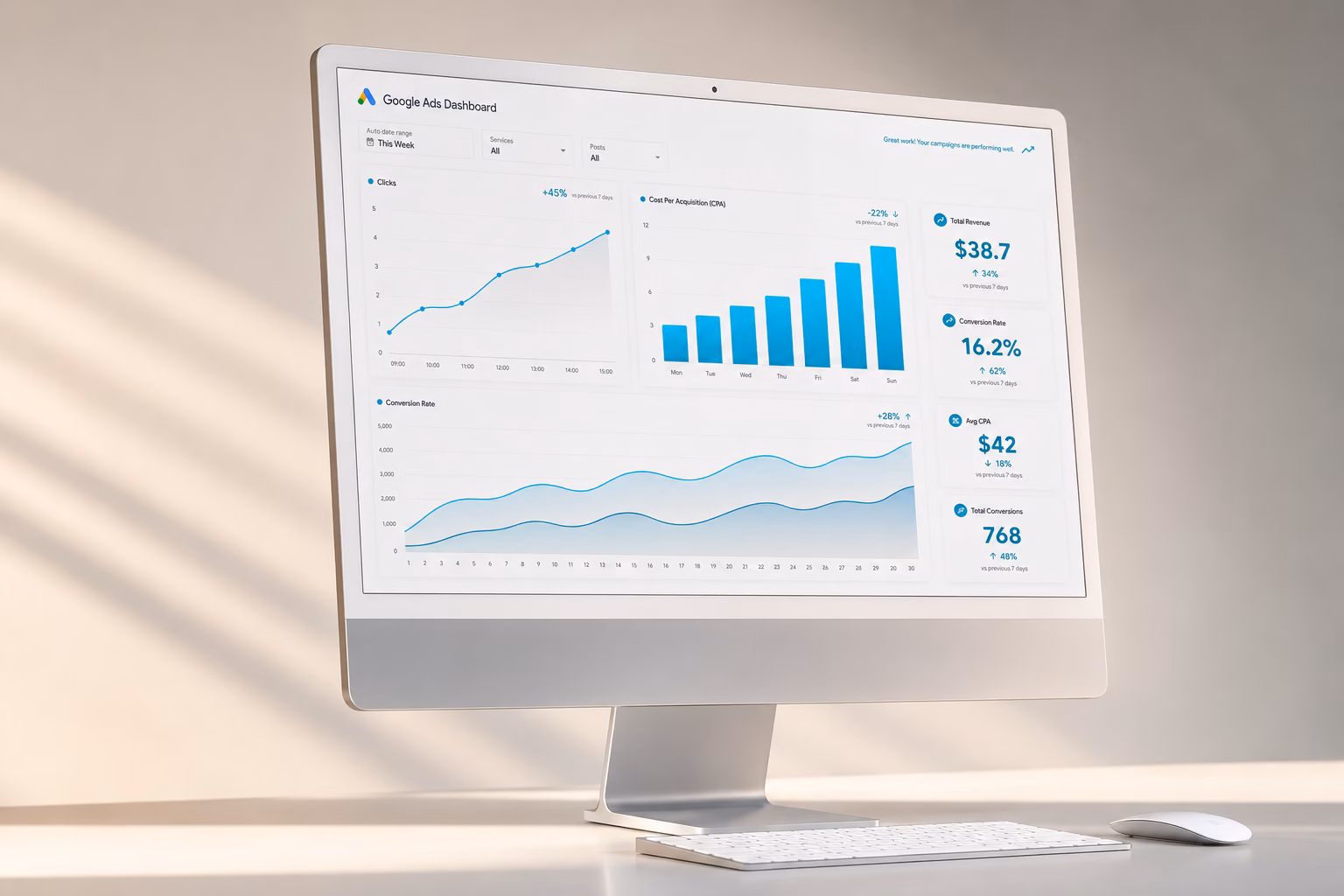 Google Ads Experte für B2B – Agentur oder Freelancer? 13 Silberner All-in-One-PC zeigt helles Google-Ads-Dashboard mit Klicks, CPA, Conversion Rate und KPI-Sidebar – weiches Seitenlicht mit Schattenstreifen
