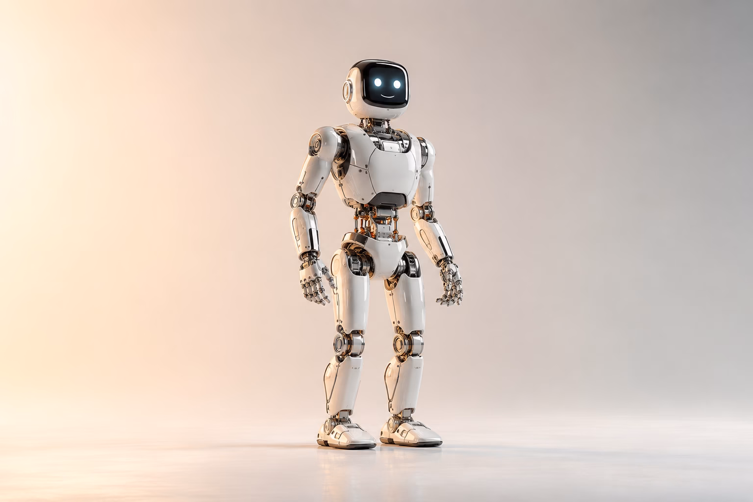 Weißer humanoider Roboter mit schwarzer Gesichtsplatte, leuchtenden digitalen Augen und Lächeln, sichtbaren Chrom-Gelenken und Kupferkabeln an der Taille, aufrecht stehend vor warm-kühlem Verlaufshintergrund im Studio-Licht