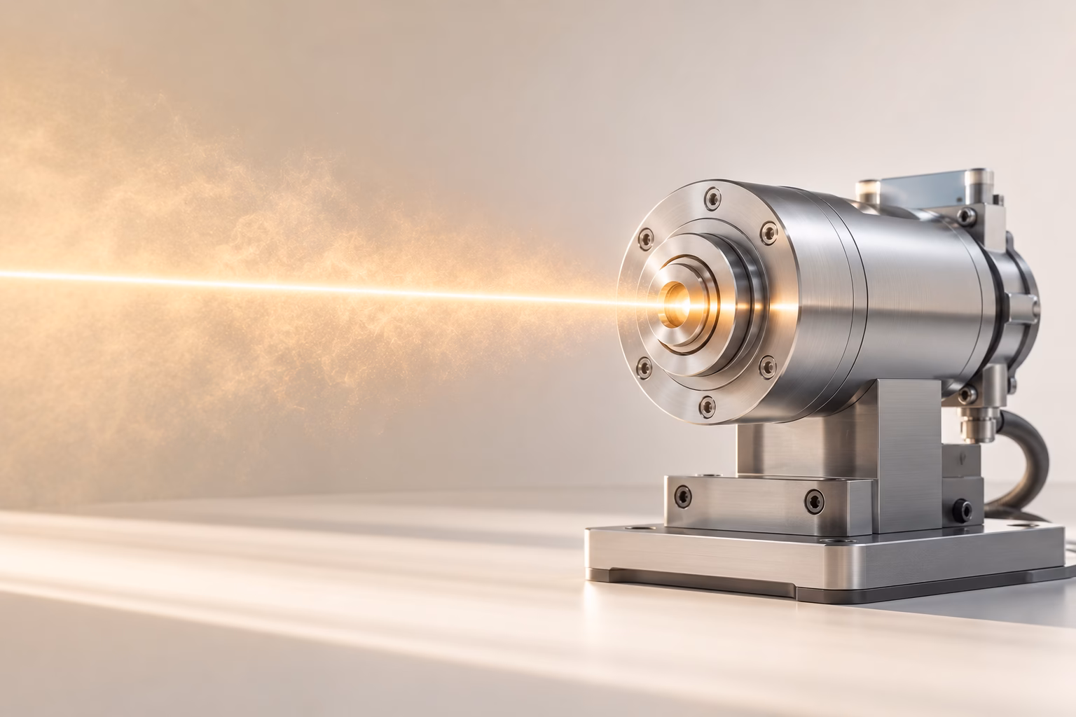 Zylindrisches Präzisionslaser-Gerät emittiert einen orangefarbenen Laserstrahl vor hellem Studiohintergrund, industrielle Messtechnik und Sensorik