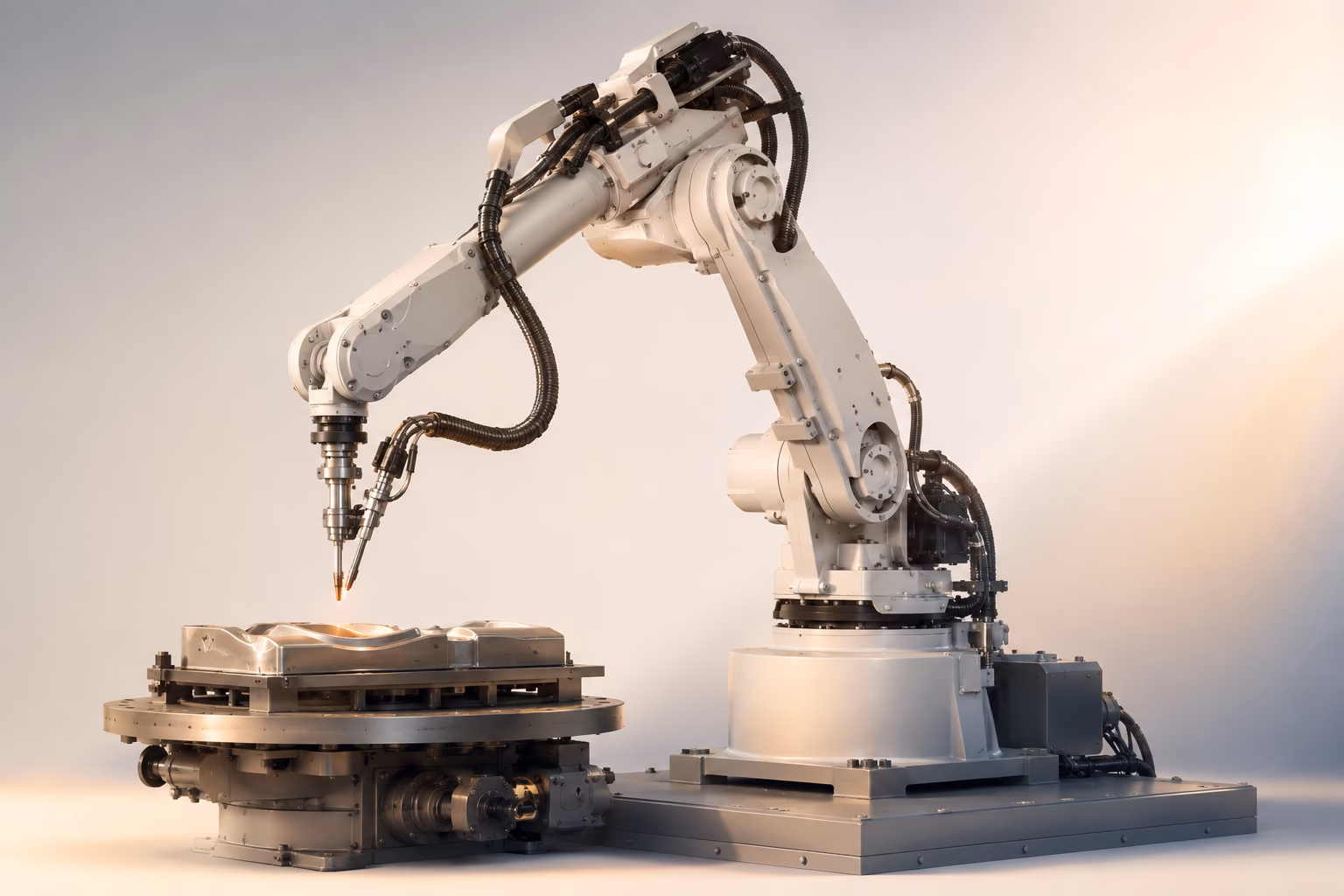 Weißer industrieller Roboterarm mit Präzisionswerkzeug, KI-Automatisierung und Maschinenbau