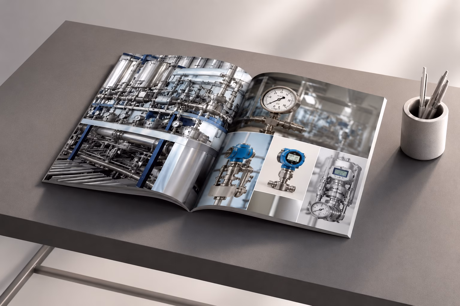 Aufgeschlagene Broschüre auf grauem Schreibtisch: Linke Seite zeigt Edelstahl-Rohrleitungssystem mit blauen Stützen, rechte Seite Collage aus Manometern, Druckmessumformern und blauen Industriesensoren – daneben Stiftehalter mit silbernen Kugelschreibern