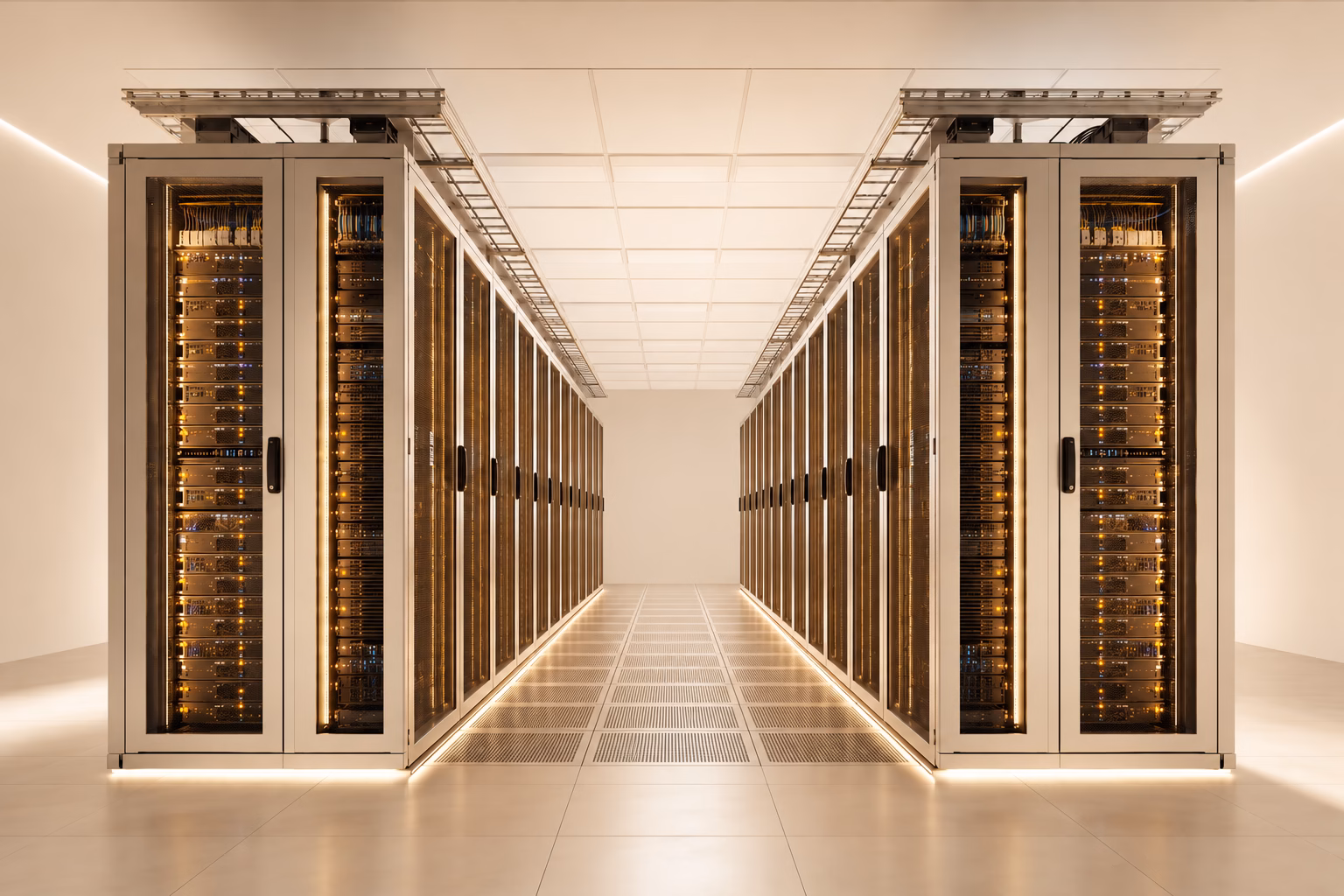 SaaS Agentur für B2B Produkte 5 Symmetrischer Gang eines hochmodernen Rechenzentrums mit dichten Reihen schwarzer Server-Racks, goldenen LED-Lichtstreifen am Boden und warmem Licht am Ende des Gangs