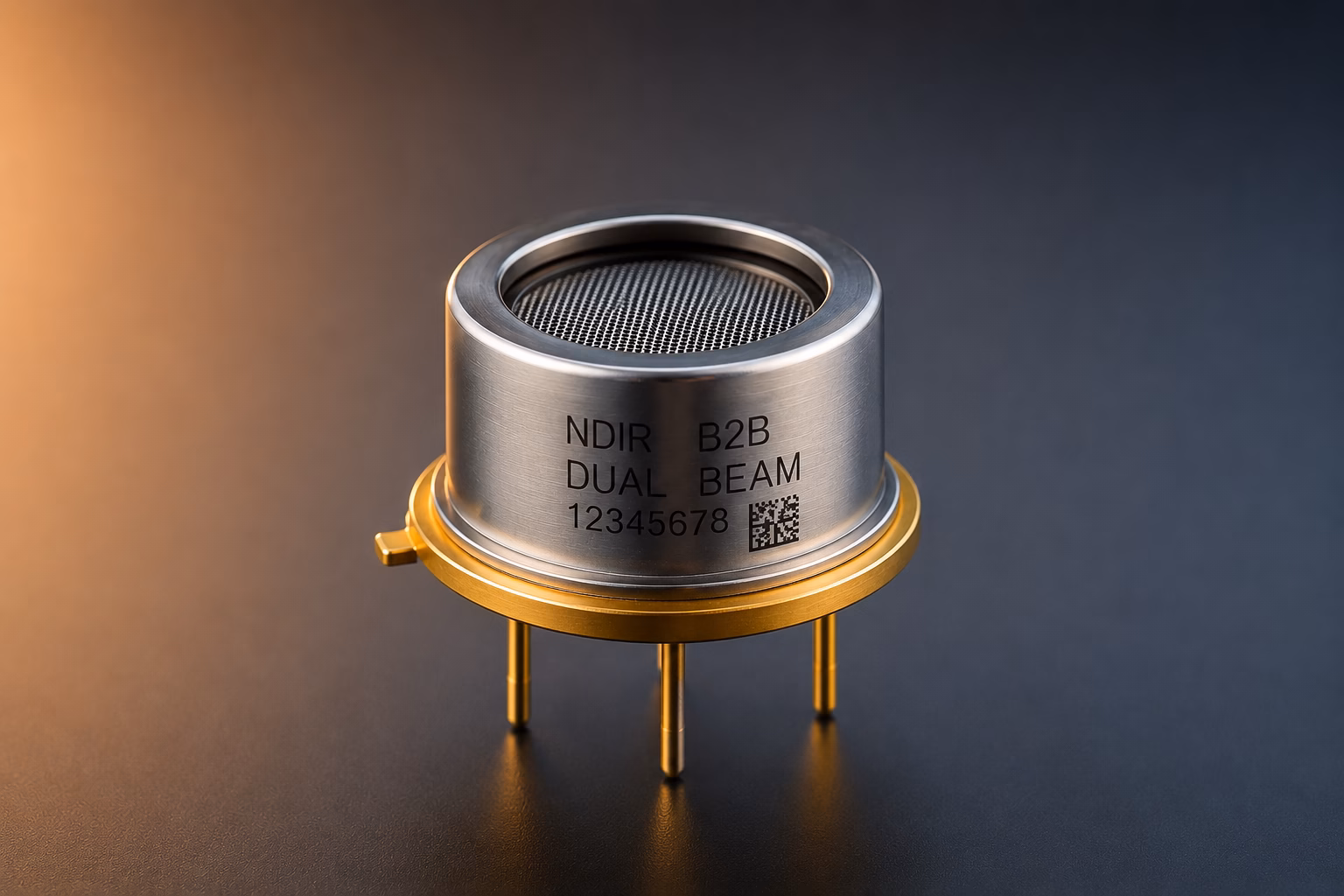 NDIR B2B Dual-Beam Gassensor-Komponente mit Edelstahlgehäuse und goldfarbenen Stiftkontakten auf dunklem Hintergrund – industrielle Präzisionssensorik