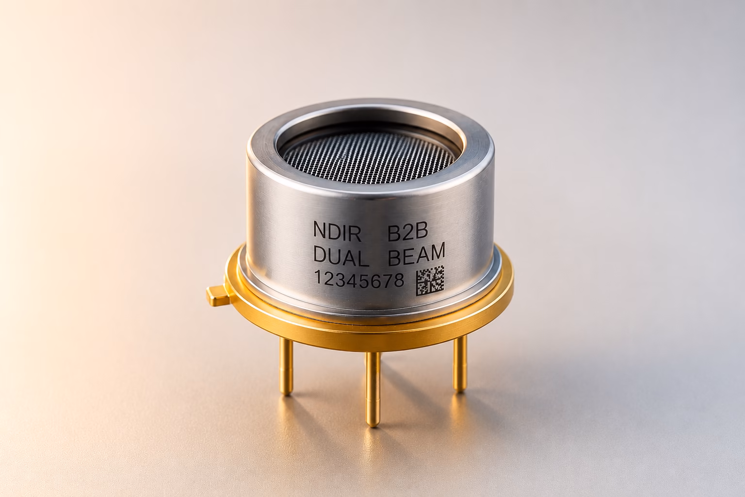 Zylindrischer NDIR B2B Dual-Beam Gassensor mit gebürstetem Edelstahlgehäuse, Gitternetz-Fenster, Beschriftung und QR-Code auf goldener Pin-Sockelleiste – warmes Seitenlicht auf hellem neutralem Hintergrund