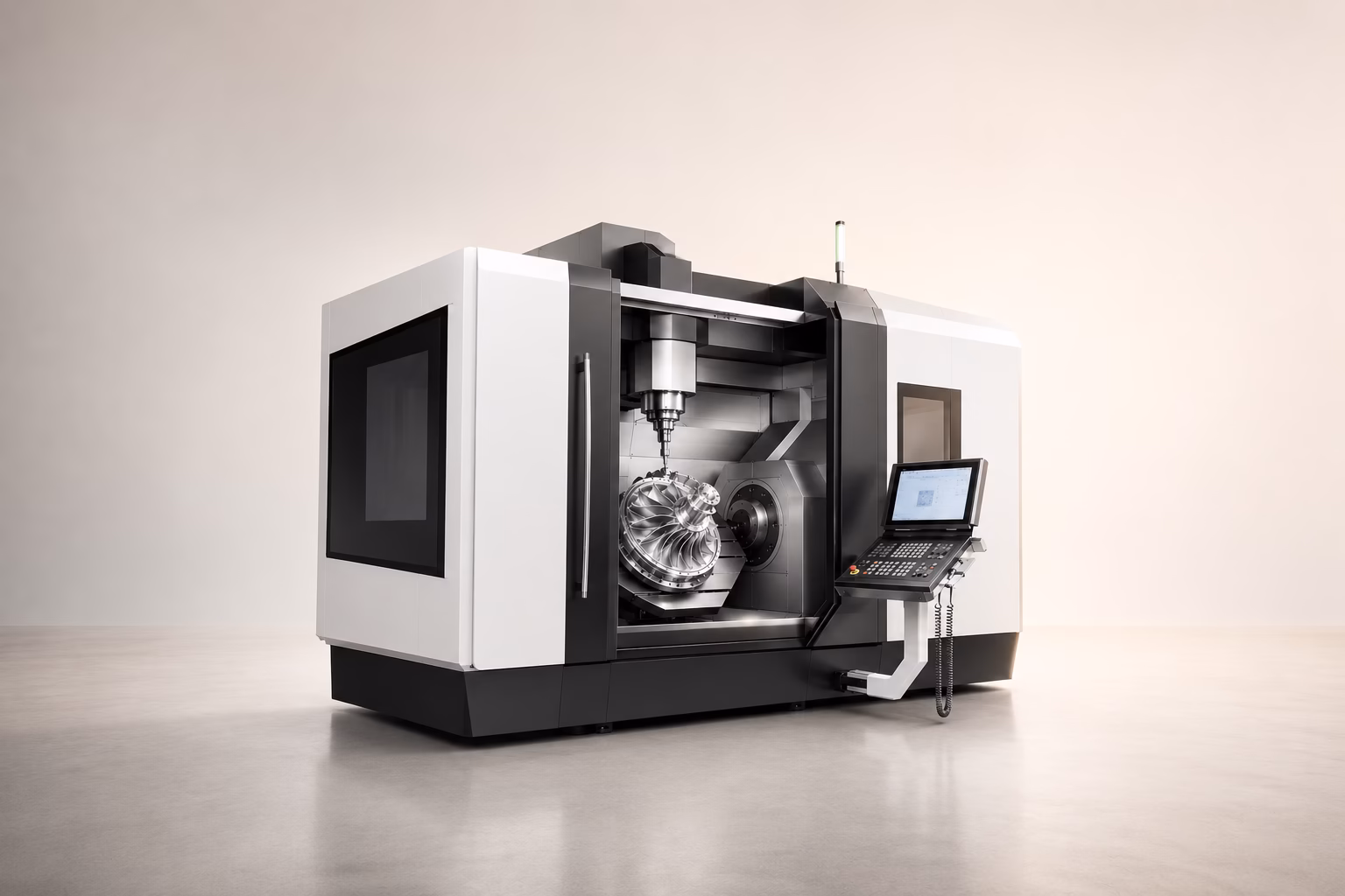 Modernes weiß-schwarzes CNC-Bearbeitungszentrum mit geöffneter Arbeitszone, sichtbarem Fräskopf an einem metallischen Impeller, schwenkbarem Bedienpanel und grünem Signalturm – helles Studio-Licht