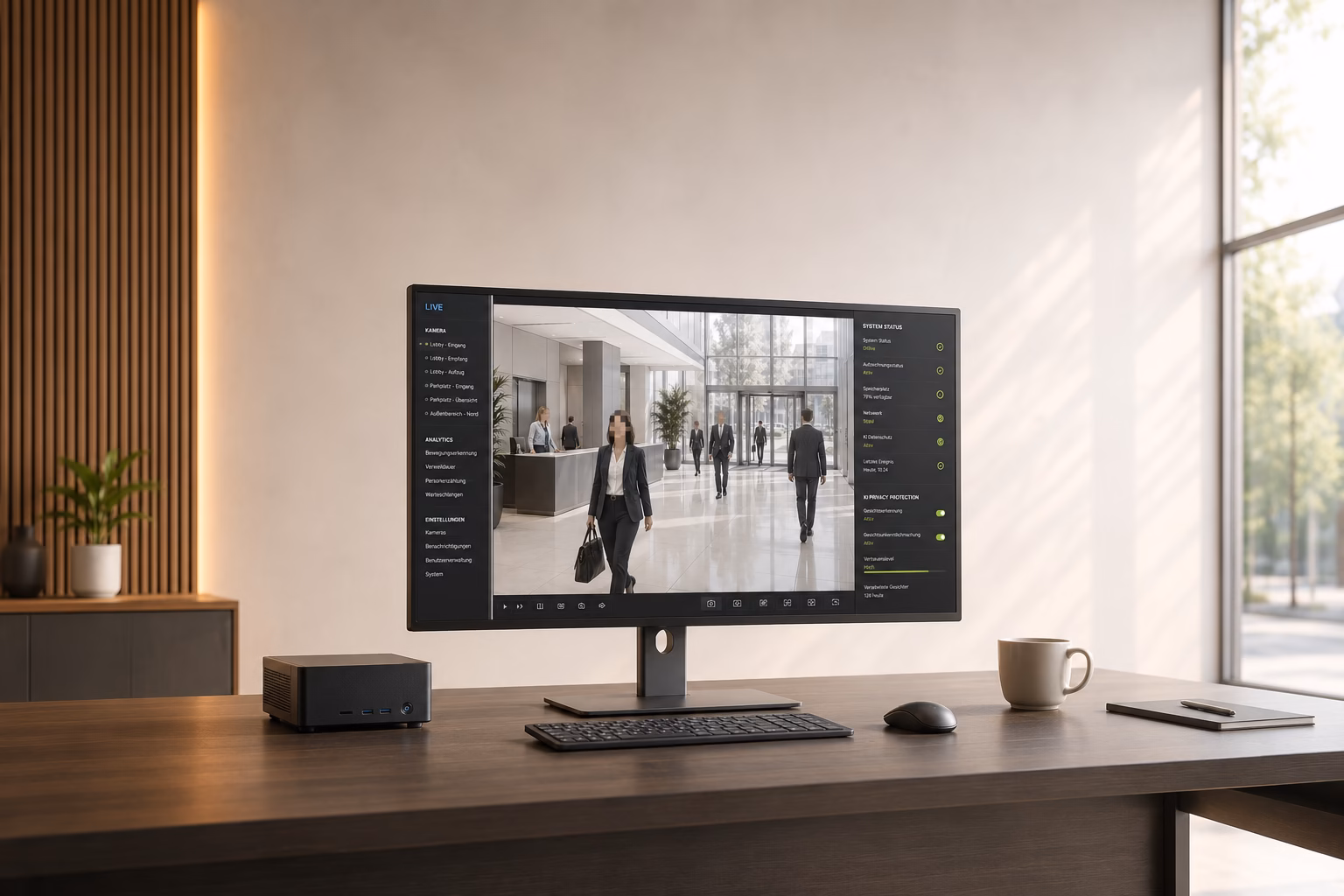 Monitor mit moderner Überwachungssoftware, Live-Stream einer Lobby mit KI-Gesichtsunkenntlichmachung und System-Status-Panel