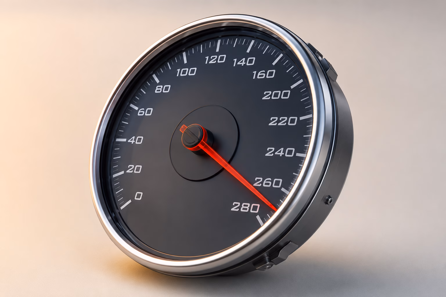 SaaS Agentur für B2B Produkte 24 Chrom-Tachometer mit schwarzem Zifferblatt und rot leuchtendem Zeiger auf 280 km/h im Studio-Licht