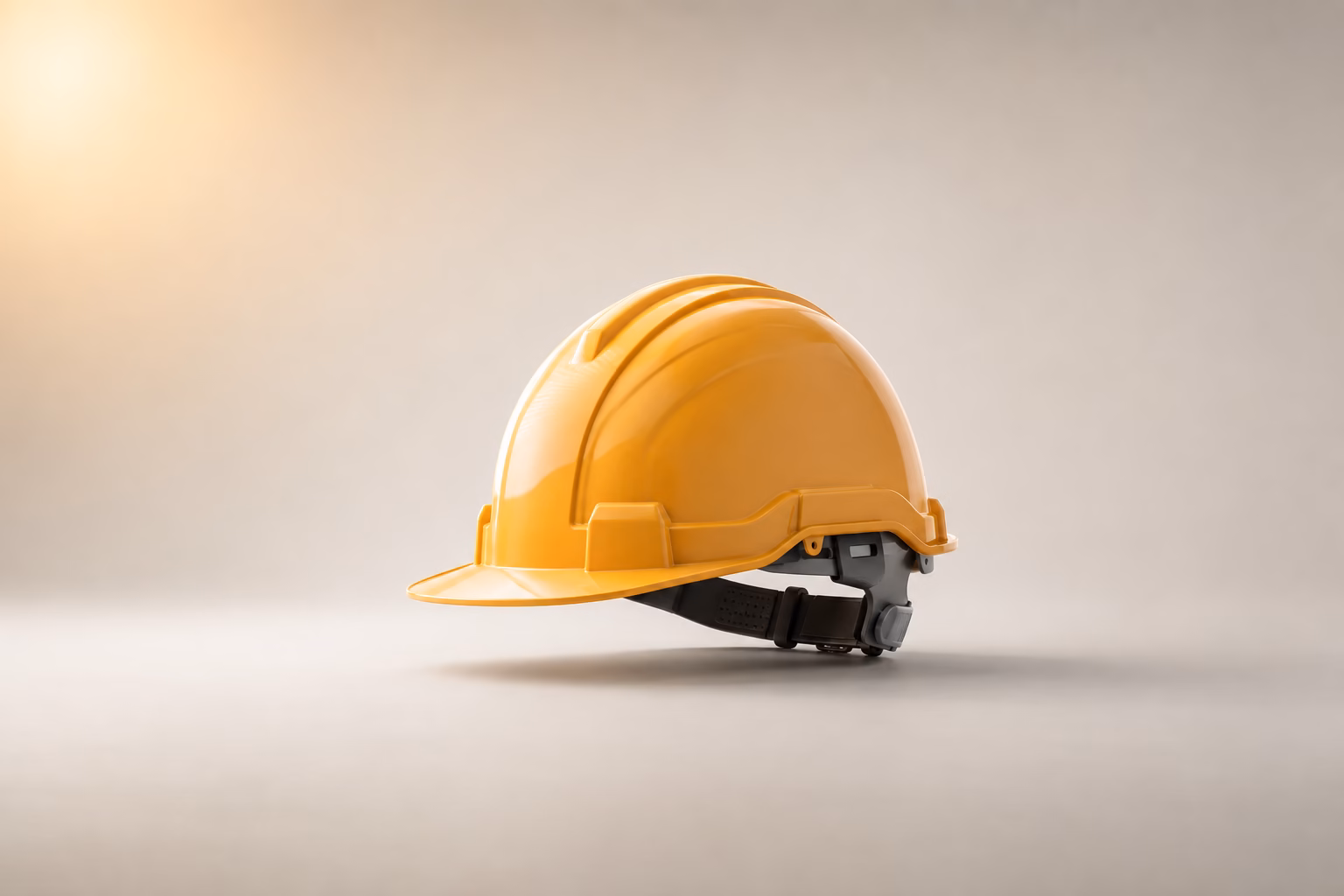 LinkedIn Ads Agentur für B2B 18 Glänzender gelber Bauhelm mit schwarzem Innenfutter und Justierriemen im Studio-Licht auf neutralem Hintergrund