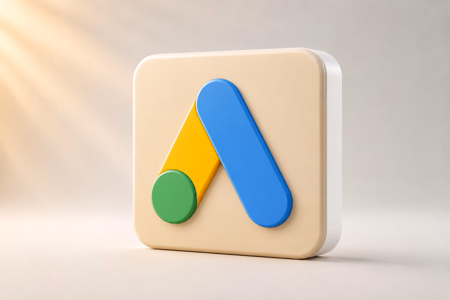 Google Ads Experte für B2B – Agentur oder Freelancer? 5 3D-Google-Ads-Logo als dicke quadratische Kachel mit abgerundeten Ecken: Erhabenes blau-gelb-grünes Ads-Symbol auf beiger Vorderfläche, weiße Seitenkante – weiches warmes Seitenlicht von links auf hellem neutralem Studio-Boden