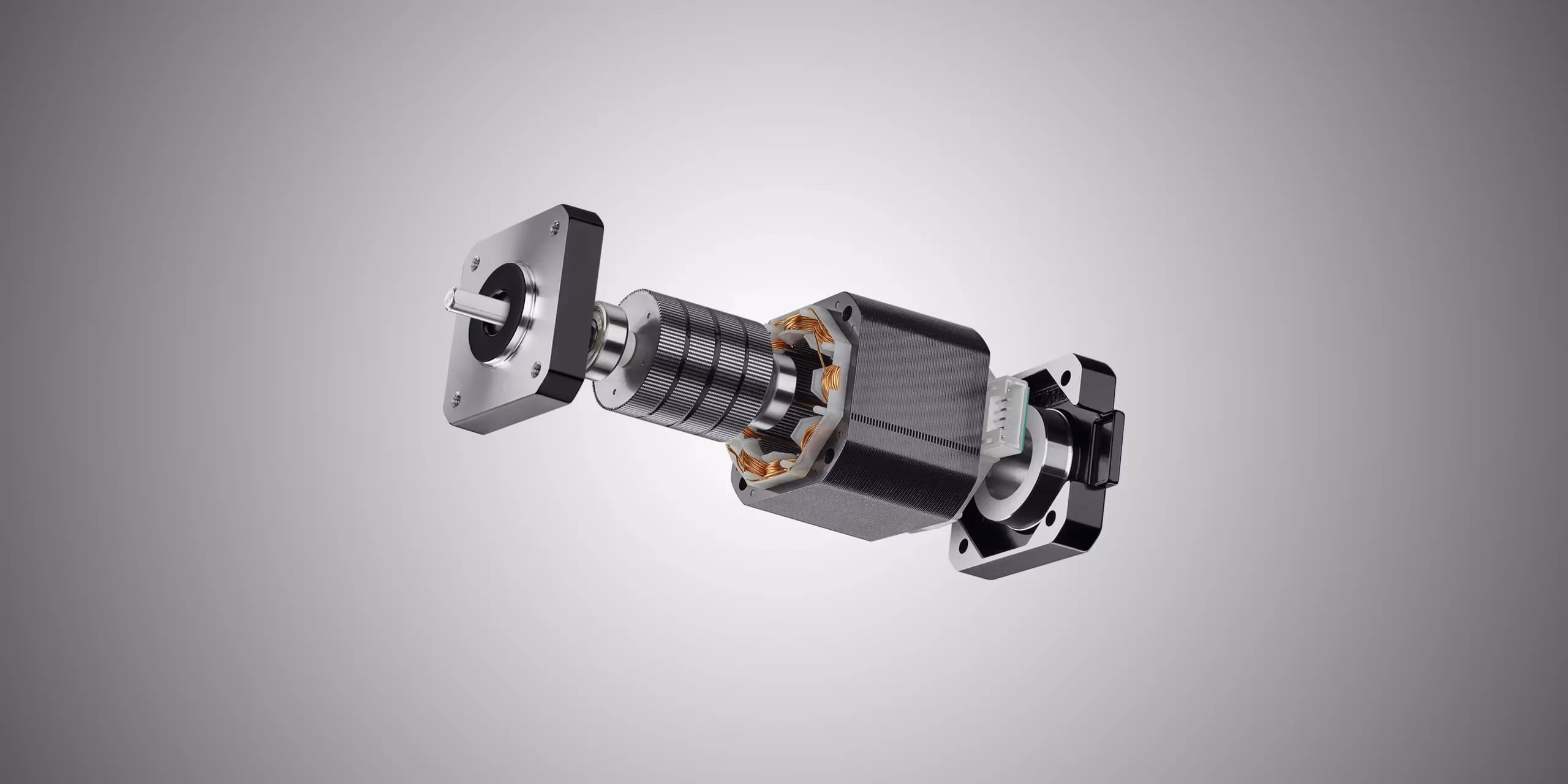 React Agentur für B2B-Projekte 17 KOCO MOTION Schrittmotor mit integriertem Planetengetriebe – 3D-Explosionsansicht zeigt Rotor, Kupferwicklungen und Getriebestufen