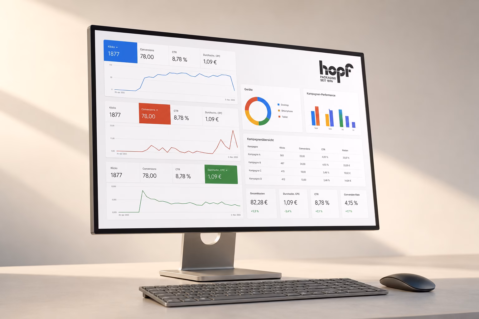 Google Ads Experte für B2B – Agentur oder Freelancer? 11 Großer Monitor auf hellem Schreibtisch zeigt Hopf-Packaging-Google-Ads-Dashboard: 1.877 Klicks, 78 Conversions, 8,78 % CTR, 1,09 € CPC, Donut-Chart Geräteverteilung, Kampagnenübersicht und Balkendiagramm – Hopf-Logo oben rechts, warmes Seitenlicht