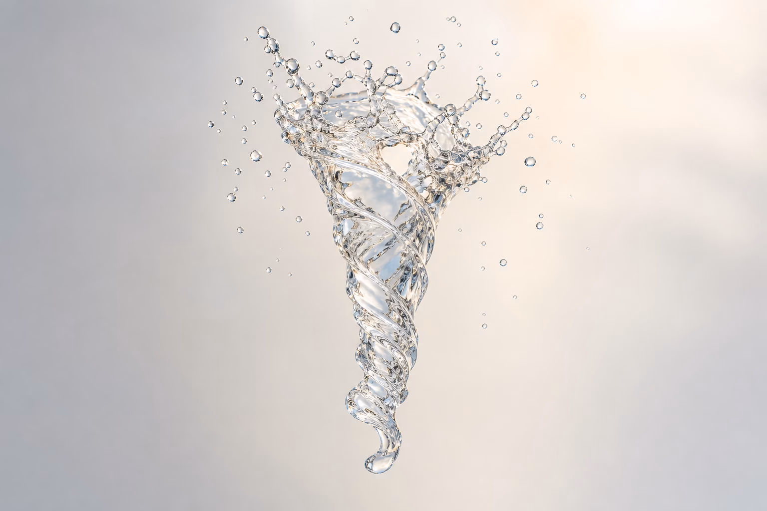 Kristallklarer Wasserwirbel in Trichterform mit nach oben wirbelnder Struktur, ausladender Spritzkrone und einzelnen schwebenden Wassertropfen – helles diffuses Licht vor weichem blau-beigem Verlaufshintergrund