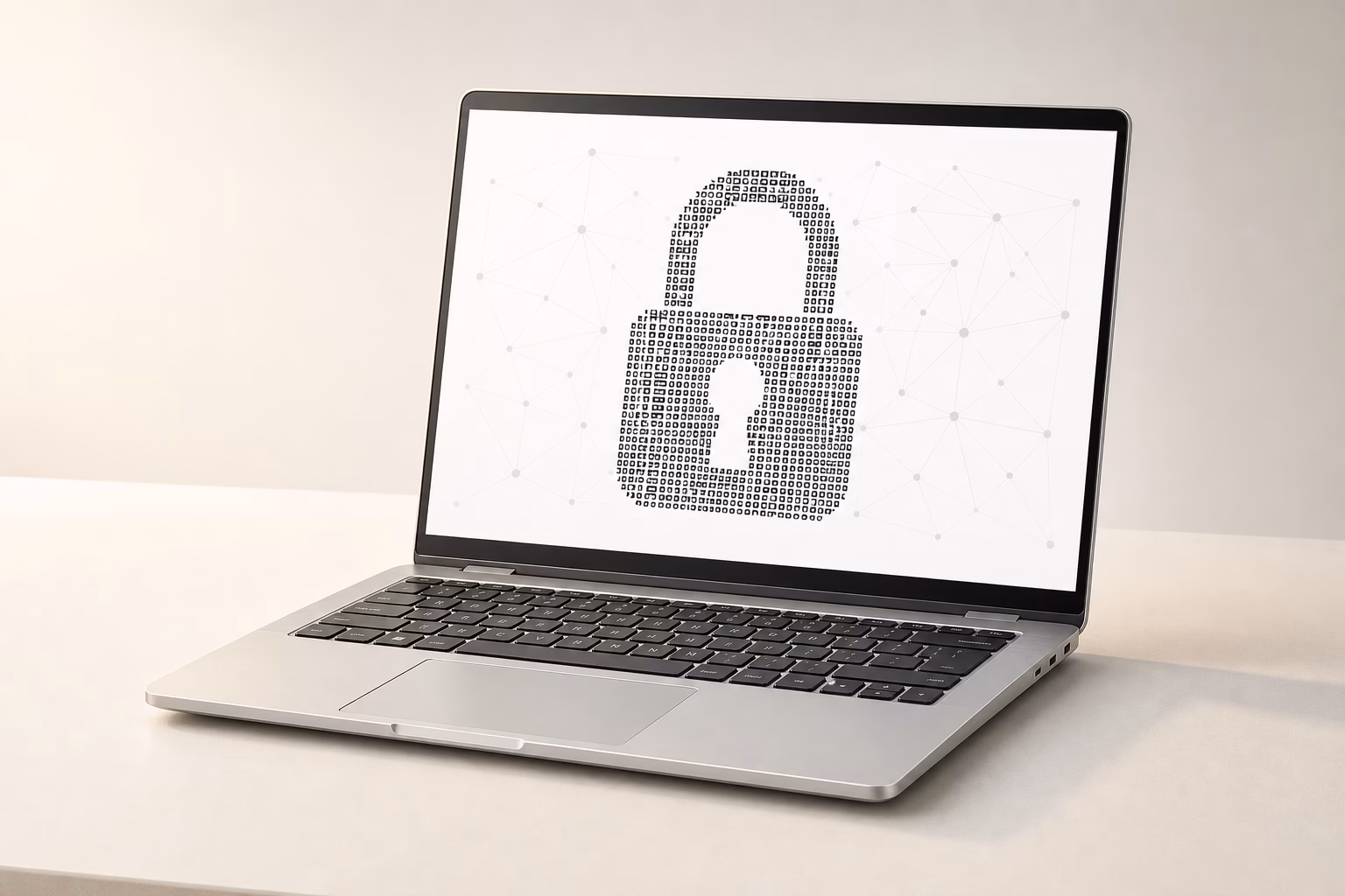 Laptop auf einem Tisch mit einem aus Datenpunkten geformten digitalen Vorhängeschloss, Cybersecurity und Datensicherheit
