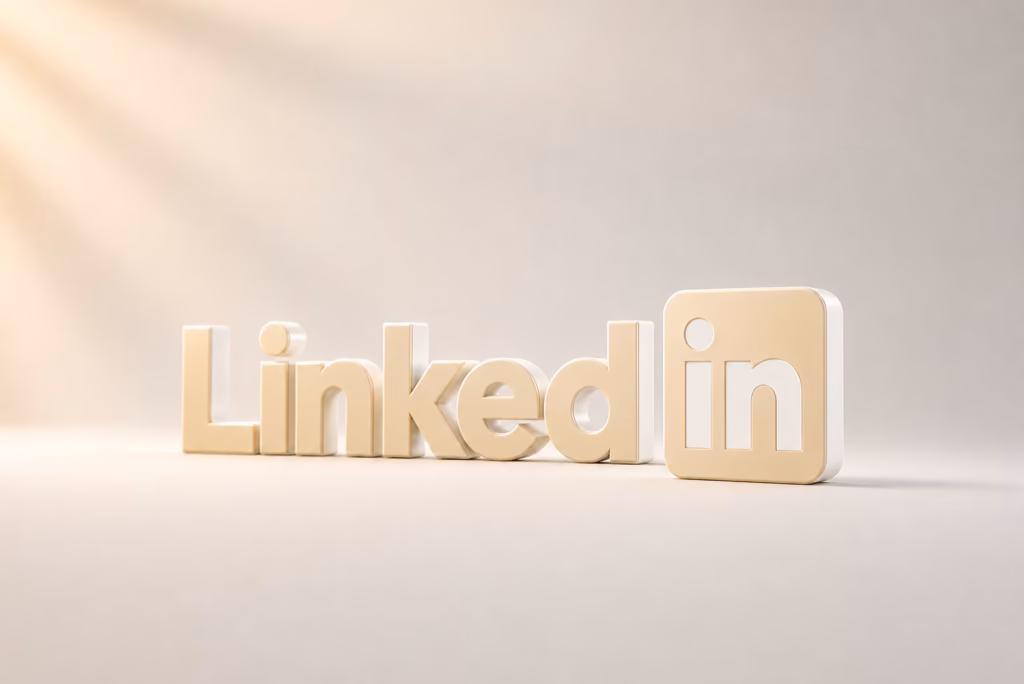 LinkedIn Ghostwriting für B2B 5 3D-LinkedIn-Wortmarke: Erhabener Schriftzug „Linked“ in Beige mit weißen Seitenflächen, daneben quadratisches „in“-Icon mit abgerundeten Ecken – Dreiviertel-Perspektive, weiches warmes Seitenlicht von links auf hellem neutralem Studio-Boden