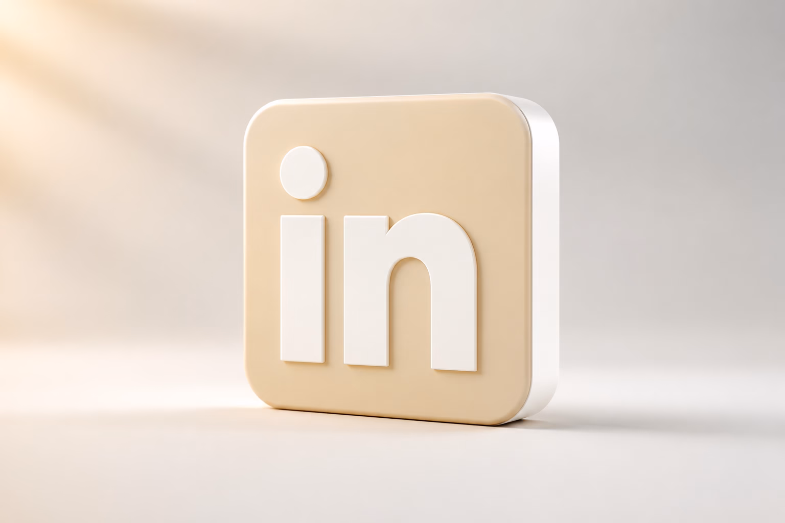 Minimalistisches 3D-LinkedIn-Logo mit weißem „in“ auf beiger Kachel mit abgerundeten Ecken im Studio-Licht