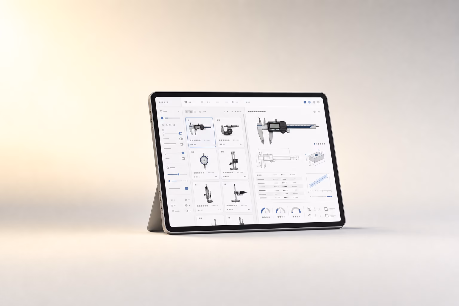Tablet auf Kickstand zeigt helles B2B-Produktfilter-Dashboard mit Filterleiste, Messgeräte-Galerie und Detailansicht mit CAD-Zeichnung