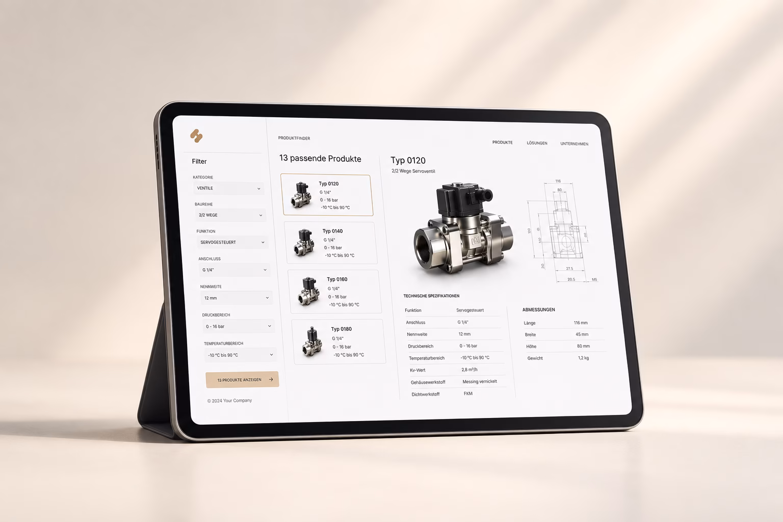 Tablet-Mockup zeigt ein B2B-Industrie-Webportal mit Produktfinder-Funktion für Servoventile – Filter, Produktliste und technische Spezifikationen