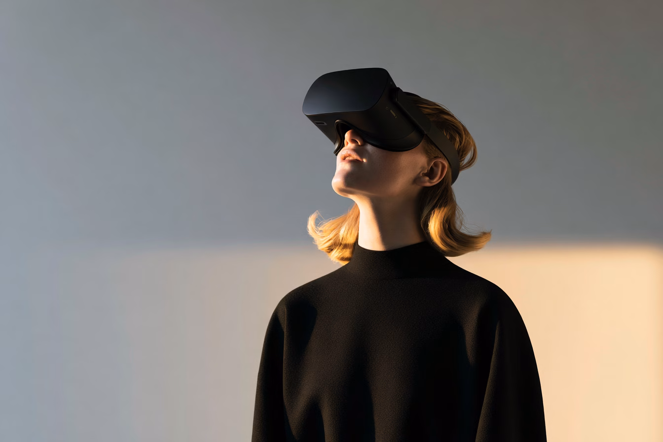 Frau mit blondem Schulterlang-Haar trägt schwarzes VR-Headset und Rollkragenpullover, blickt nach oben, warmes goldenes Seitenlicht von rechts auf hellgrauem Studiohintergrund, professionelles Hochformat-Portrait
